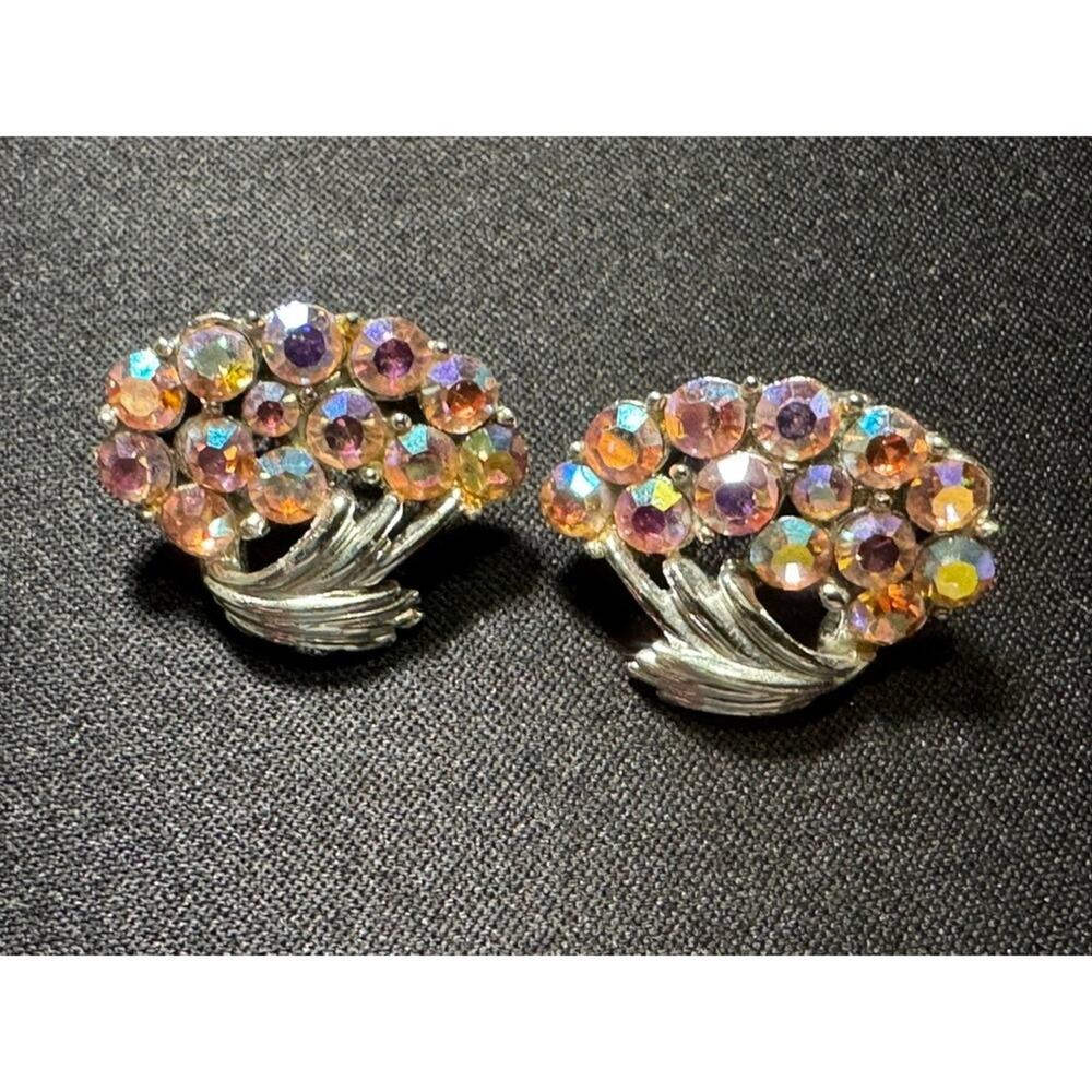 Vintage Coro AB Rhinestone Silver Tone Bouquet Clip On Earrings